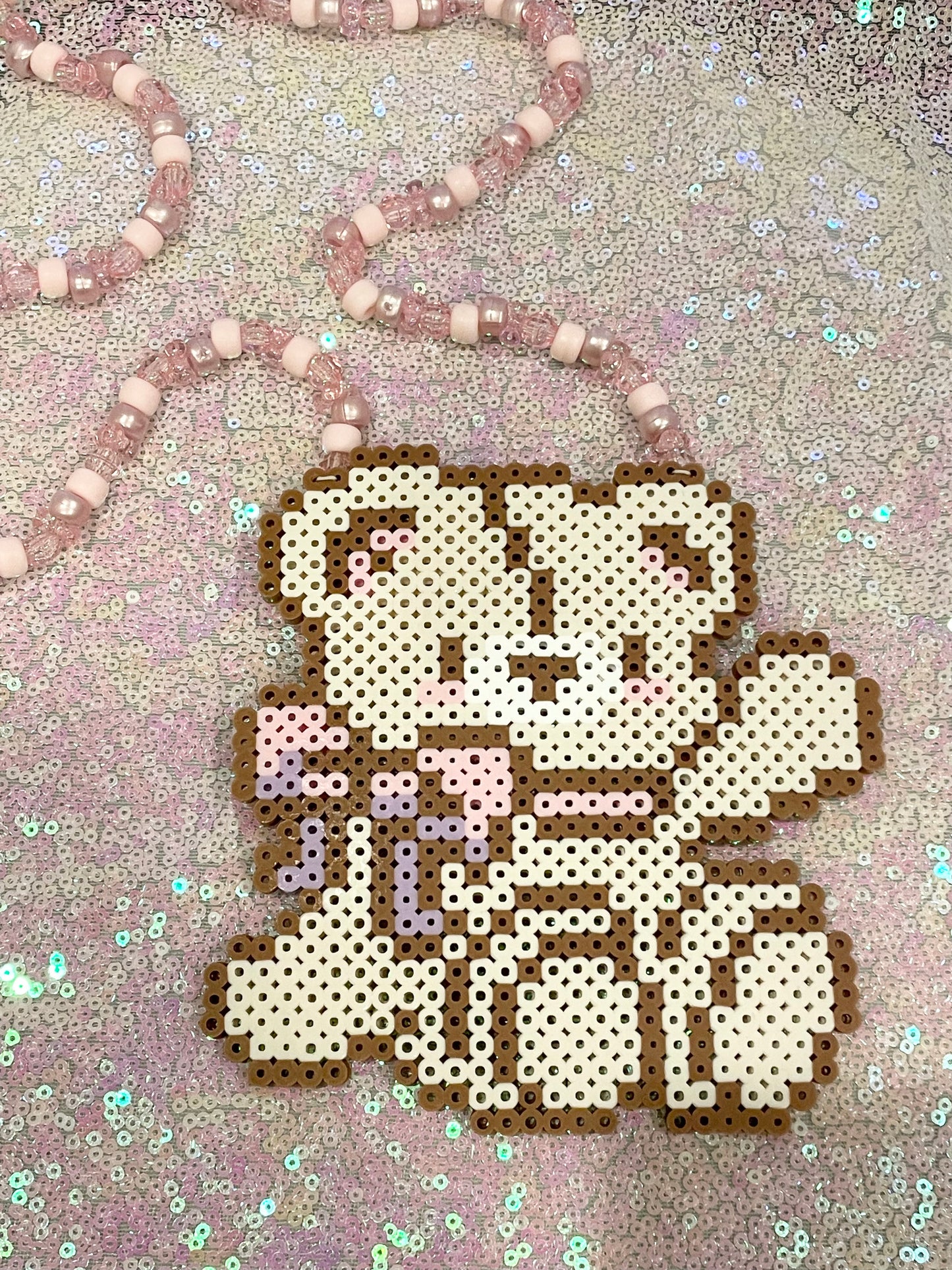 Coquette Teddy Bear Kandi Perler Necklace