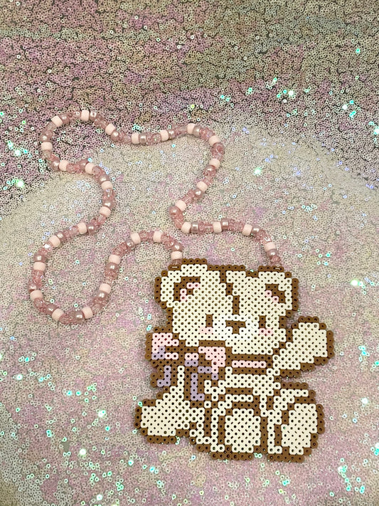 Coquette Teddy Bear Kandi Perler Necklace